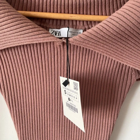 Zara Ribbed Knit Off Shoulder Long Sleeve Mini Dress NWT Mauve Size Small - Picture 6 of 7
